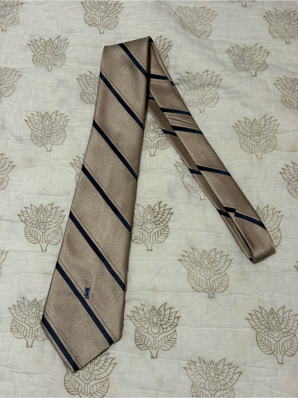 Yves Saint Laurent Taupe Tie with Navy Stripe Detailing